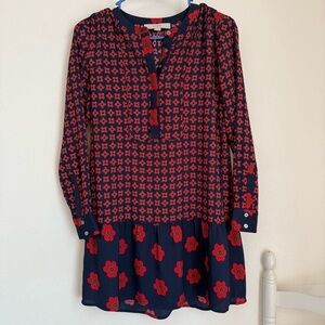 LOFT Navy Dress with Red Floral Print - Long Sleeve